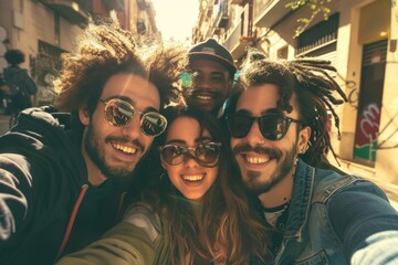 Outdoor selfie taken by multi racial girls and guys with backlight - Happy life style concept on young multiracial best friends having fun in Barcelona - Warm vivid filter. - obrazy, fototapety, plakaty