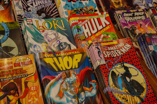 paris france , 6 june 2023 : collectibles comic books  , famous superheroes and comics