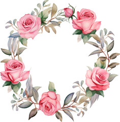 Watercolor vintage flowers wreath. Hand painted round frame with posy roses, ranunculus, anemones, leaves and floral elements.  design