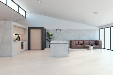 Contemporary concrete kitchen interior with furniture and appliances. Luxury designs concept. 3D Rendering.