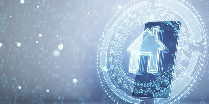 Blue digital house icon within futuristic interface on a binary code background. Smart home concept. Double exposure