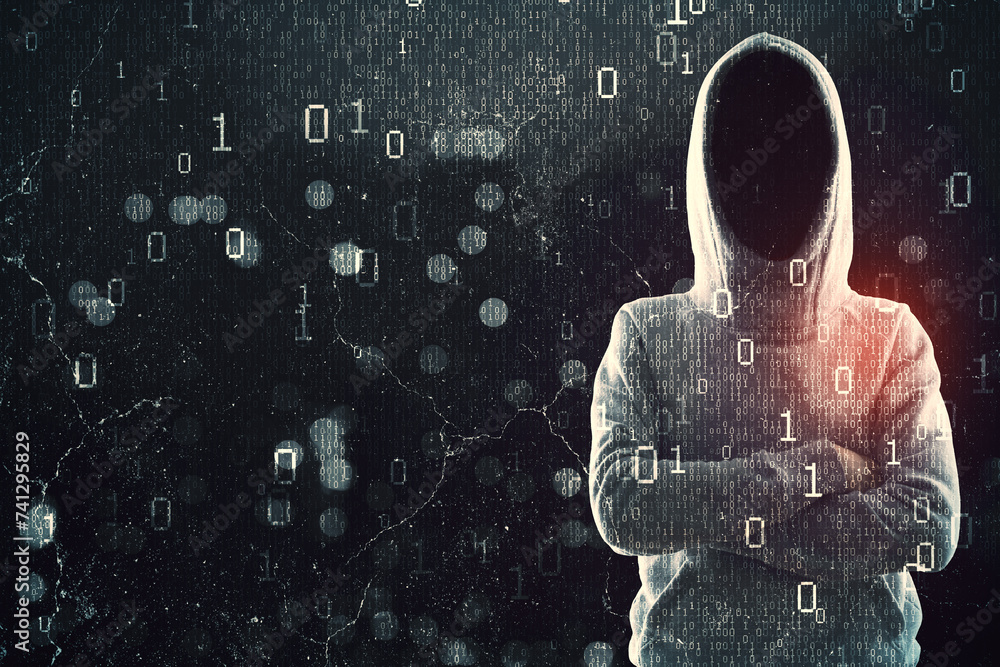 Poster Hacker in hoodie with folded arms standing on abstract dark hacking background with bokeh circles and binary coding. Malware and phishing, data theft concept.