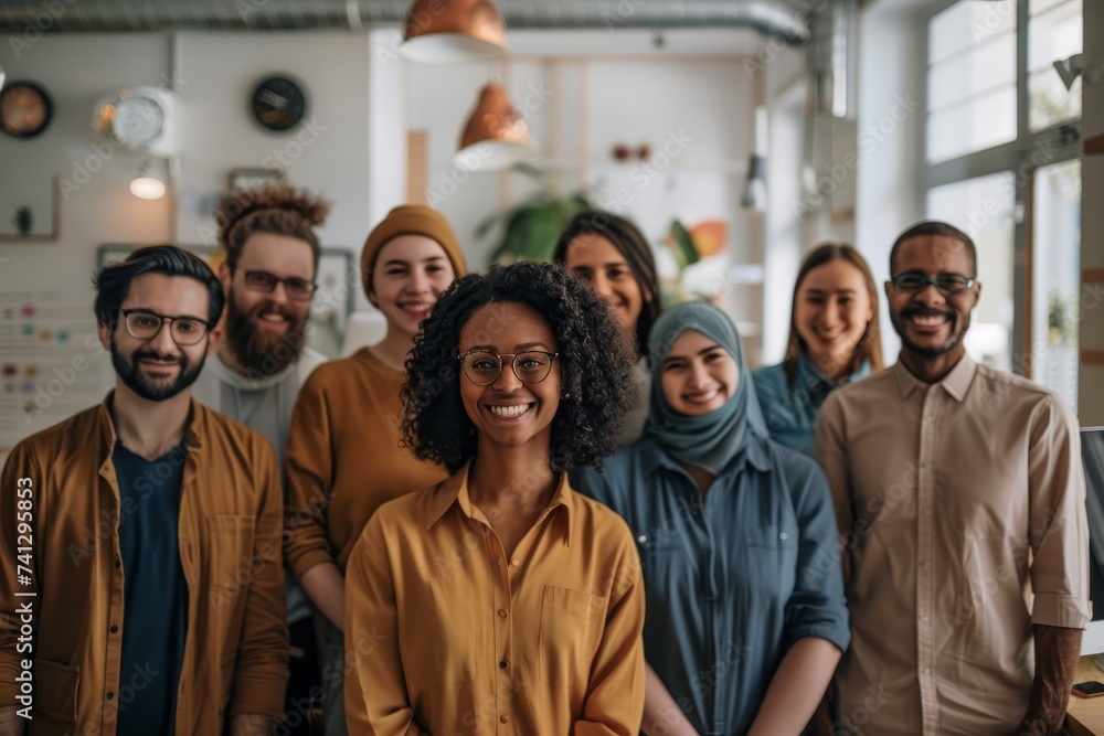 Aufkleber diverse businesspeople smile at the camera in a creative office setting. multicultural entrepreneurs