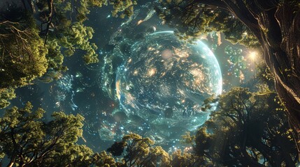 Fototapeta premium Environmental planet orbit, Beneath the celestial canopy, a resilient planet orbits gracefully, adorned with lush landscapes and cosmic wonders