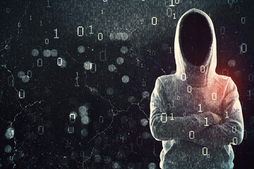 Hacker in hoodie with folded arms standing on abstract dark hacking background with bokeh circles and binary coding. Malware and phishing, data theft concept. - obrazy, fototapety, plakaty