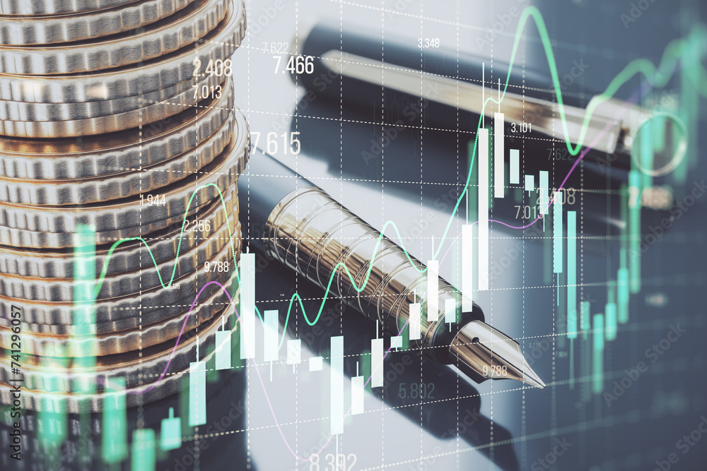 Poster close up of stacked coins and pen with growing forex chart on blurry table background. financial inv