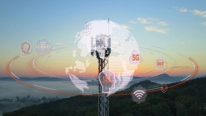 Telecommunications tower, 5G and AI graphics concept, future technology. 3D render