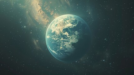 Obraz premium Environmental planet orbit, In the vastness of space, a serene planet orbits gently, surrounded by shimmering stardust and cosmic wonders