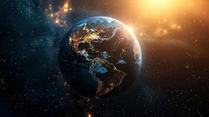 Obraz premium Environmental planet orbit, In the vastness of space, a resilient planet orbits gracefully, surrounded by shimmering starlight and celestial majesty