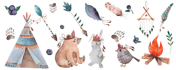 Forest baby watercolor animals, large set. Isolated elements on a white background. Woodland bear, hare and bird in boho style. Wigwams with spears and arrows. The characters are also surrounded by
