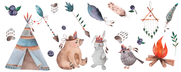 Deurstickers Boho dieren Forest baby watercolor animals, large set. Isolated elements on a white background. Woodland bear, hare and bird in boho style. Wigwams with spears and arrows. The characters are also surrounded by