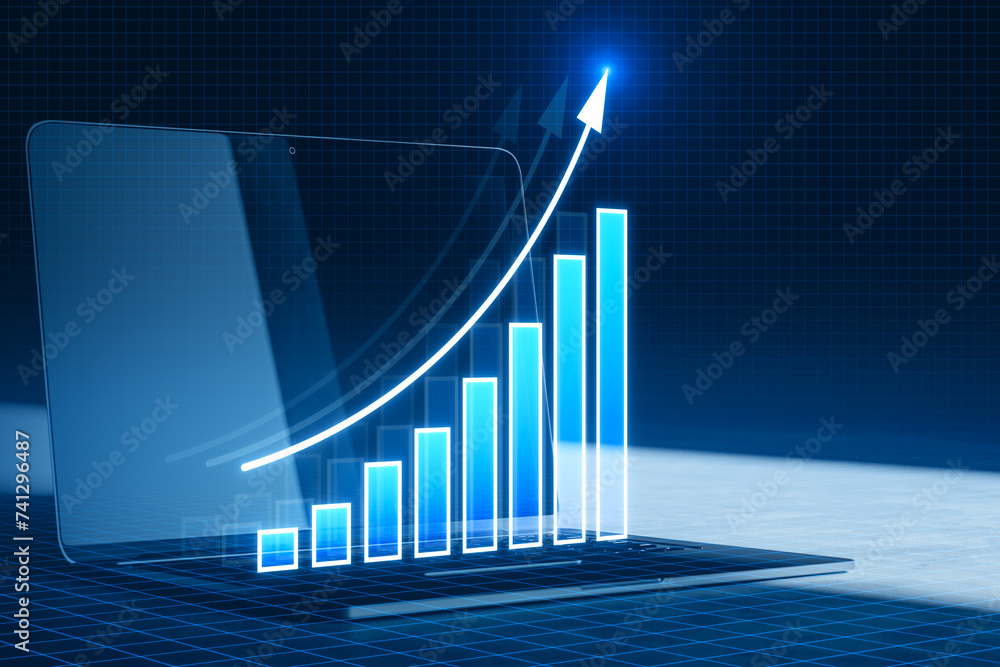Poster close up of laptop computer with growing blue business chart with arrows on blurry background. futur