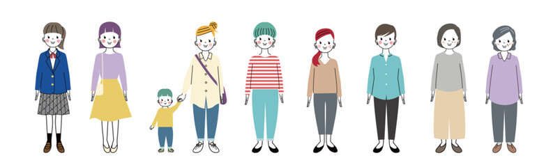 正面を向いて立っている様々な年齢層の女性の全身イラスト