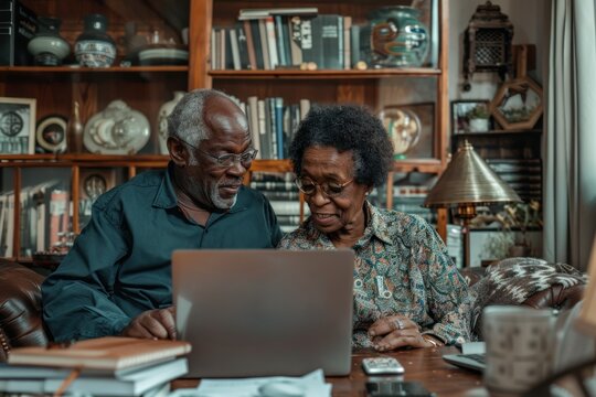 Senior Couple Consulting Financial Advisor Online. Elderly couple with financial advisor reviewing data on computer screen in a home office.