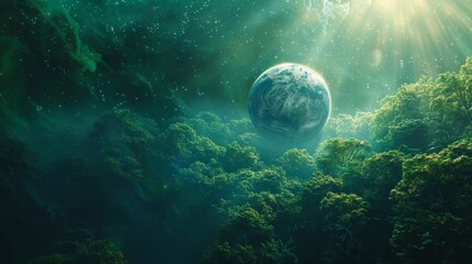 Environmental planet orbit, Through the cosmic veil, a lush planet orbits peacefully, adorned with verdant forests and celestial serenity