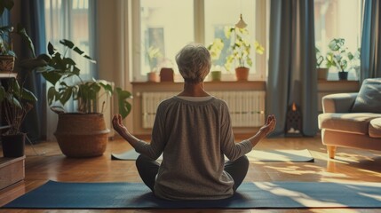 Fototapeta na wymiar An old woman, a grandmother, does yoga and meditation at home on a mat. The concept of a healthy lifestyle, mental health, self-care and body care.
