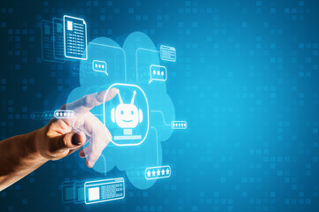 Close up of businessman hand pointing at creative blue chat GPT hologram hud on blurry background with mock up place. AI, online support and customer service concept.