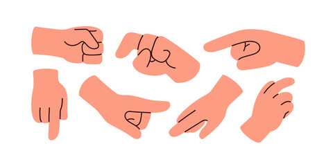Fingers pointing, pushing, showing, pressing. Hand gestures set. Forefinger indicating, touching, clicking, guiding, directing. Flat graphic vector illustrations isolated on white background - 741296812