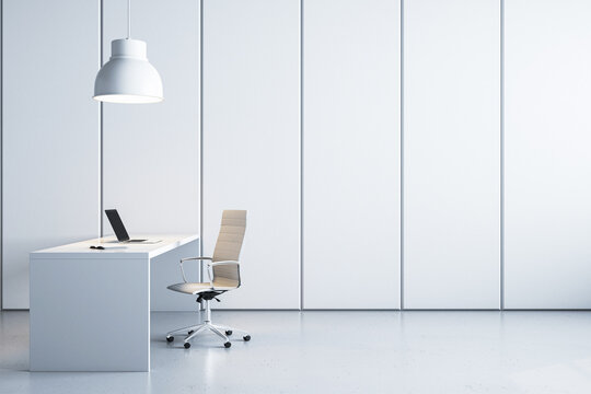Sleek office interior with white desk, chair, and pendant lamp. Corporate design. 3D Rendering