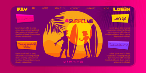 Surf club web template in flat style. A girl and a guy with surfboards against the backdrop of a seascape at sunset with space for text. - obrazy, fototapety, plakaty