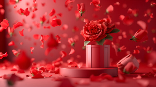 3D podium, display, background. Red, surprise, open gift box. Rose flower falling petals. Luxury cosmetic product presentation. Abstract, love, valentines day or woman's day. 3D render birthday mocku