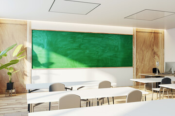 Modern classroom interior with a green chalkboard and sunlight filtering through windows. 3D Rendering