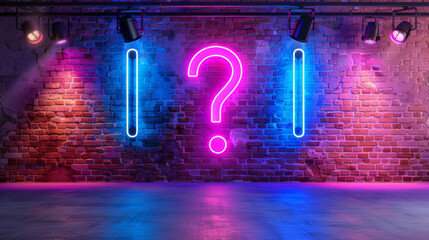 Neon sign in form of a question mark on a wall background representing questions session backdrop