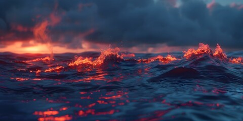 Mesmerizing Reflection: A Fiery Glow Illuminates the Ocean's Surface. Concept Ocean Reflection, Sunset Magic, Waves of Light, Fiery Glow, Nature's Beauty