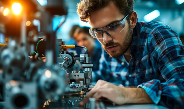 Focused Engineer Intently Working on Advanced Robotic Arm Assembly in High Tech Development Laboratory with Team in Background