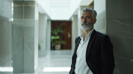 Fototapeta premium A distinguished executive with a Suit beard exhibits an air of wisdom and experience in a bright, modern corporate office setting.
