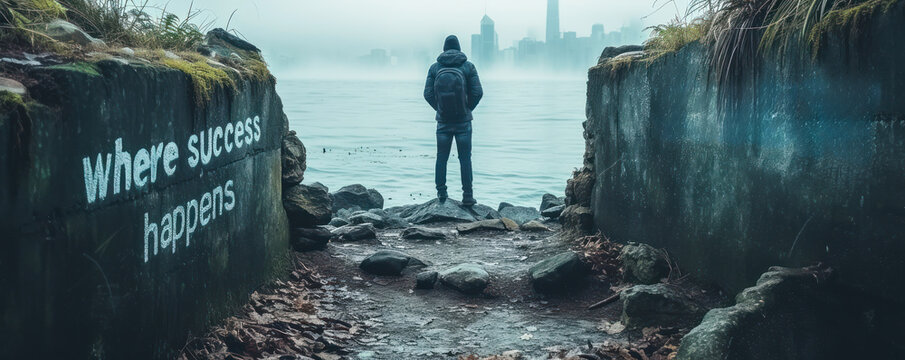 Person standing at the threshold of their comfort zone facing the path to where success happens, a metaphor for personal growth and ambition