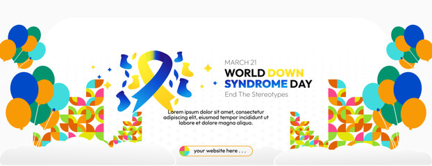 World Down Syndrome Day banner in modern geometric style. Long banners for social media and more with typography. Vector illustration for banners, posters, invitations, greetings and more