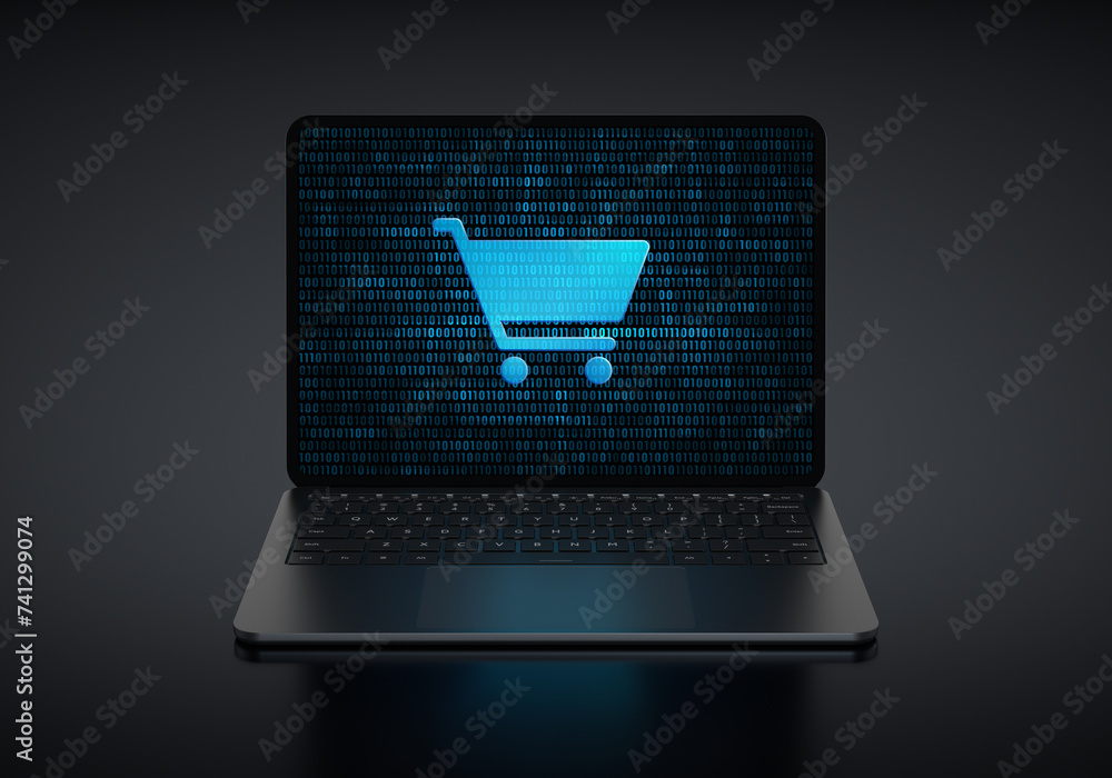 Poster laptop device with shopping cart icon in screen on a dark background. realistic rendering.
