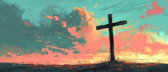 Silhouette of a cross against a vibrant painted sunset sky