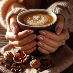 Closeup of hands with a mug of coffee in the morning. Warm and cozy mood. Generative ai.