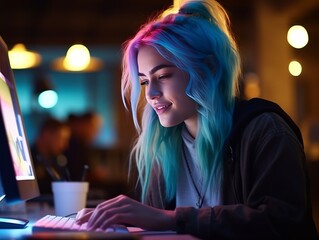 Late at Night in Office portrayal of a Young Stylish Freelancer Woman Working on a Desktop Computer. Blue Haired Person Creating ultramodern Content, Project Design, producing Colorful Marketing and S