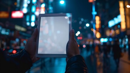 Hand holding an empty digital tablet with Smart city with smart services and icons, internet of things, networks and augmented reality concept , night scene - obrazy, fototapety, plakaty