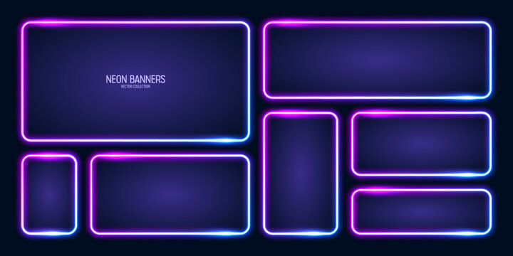 Glowing neon banners, illuminated colorful square frames. Shiny vibrant border, glow effect. Blue vintage retro lights, night illumination. Modern futuristic UI design elements. Vector illustration