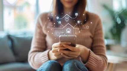 Woman holding smart phone with launched security application at home. Concept of controlling and managing home security from a mobile device