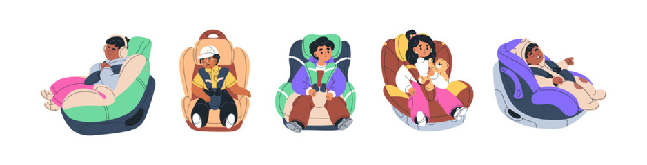 Kids passengers in baby car seats set. Children sitting in safety chairs. Fastened toddlers, boys and girls travel in auto security carrier. Flat vector illustrations isolated on white background