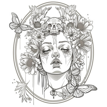 portrait girl skull roses. One color creative print for dark clothes. T-shirt design.