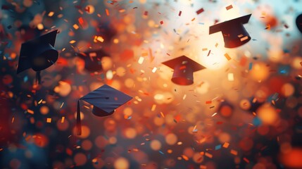 Graduation caps soaring amidst festive confetti - obrazy, fototapety, plakaty