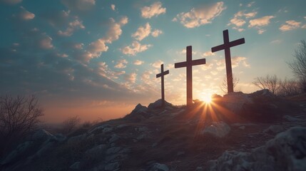 Calm sunset over Christian crosses on a hill - obrazy, fototapety, plakaty