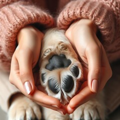 Close up of dog paws and human hand. Concept of friendship, trust, love, help between a person and a dog. Generative ai