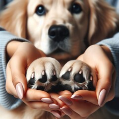 Close up of dog paws and human hand. Concept of friendship, trust, love, help between a person and a dog. Generative ai