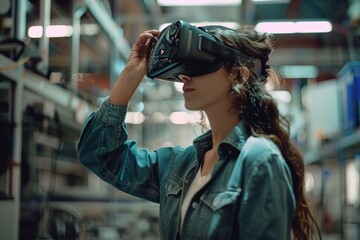 A female engineer, using virtual reality glasses, inspects the unloading area of goods in the warehouse, controls logistics