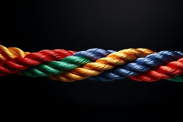 A rope entwined with diverse bold colors, symbolizing unity and diversity.