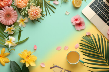 background with tropical leaves and laptop