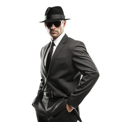 Man in a suit. Man Dressed as Spy, isolated on white and transparent background. Ideal for use in advertising. Generative ai