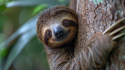 Fototapeta premium Funny sloth hanging on tree branch, cute face look